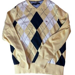 Tommy Hilfiger V-Neck Argyle Sweater - Yellow and Navy Size S/P